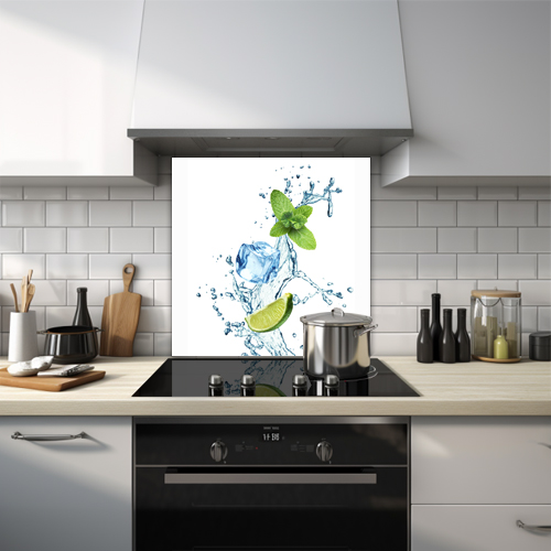 Ice cube and lime in water splash design glass splashback.