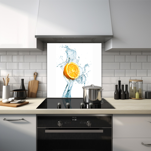 Orange with water splash glass splashback.