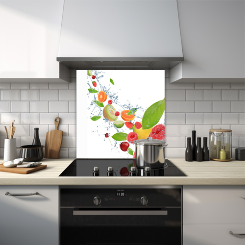 Swirling fruits with water splash glass splashback.