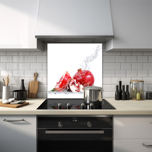 Pomegranate with water splash glass splashback.