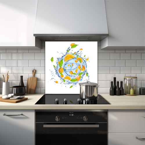 Oranges in chaotic water splash glass splashback.
