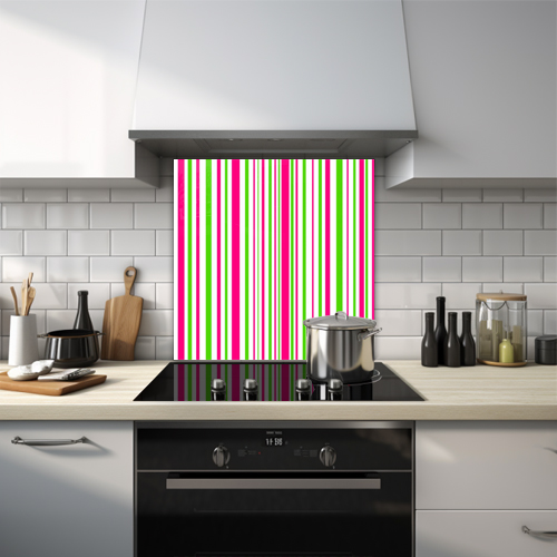 Pink and green stripes glass splashback.