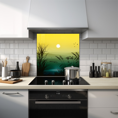 Lake with a bright sun illustration glass splashback.