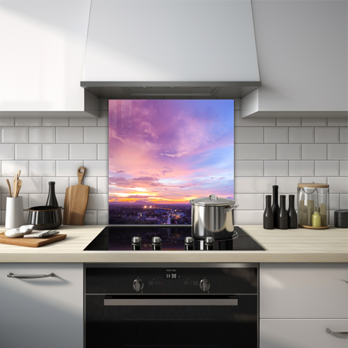 Purple sky over city at sunset glass splashback.