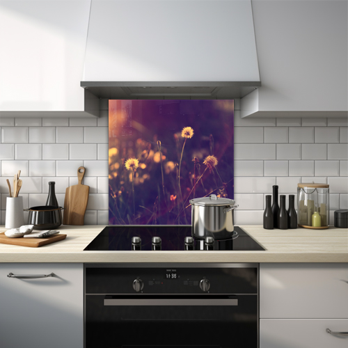 Sunset over water with distant pier glass splashback.