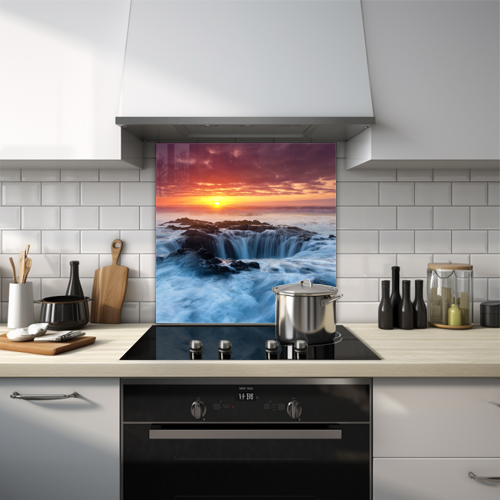 Golden sandy beach during sunset glass splashback.