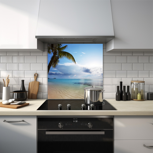 Deserted island with a palm tree representing paradise glass splashback.