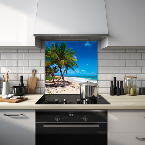 Tropical island on a bright day glass splashback.