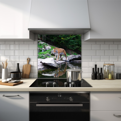 Tiger walking along a rocky water's edge glass splashback.