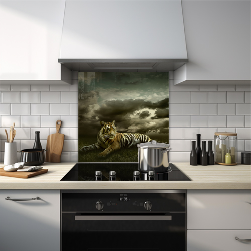 Dark themed tiger art with stormy clouds in the background glass splashback.
