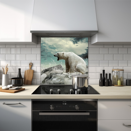 Roaring polar bear with water splashing in icy setting glass splashback.