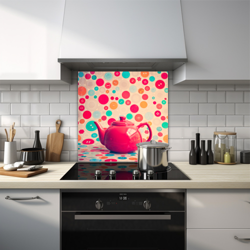 Retro shiny red teapot with bubble pattern background glass splashback.