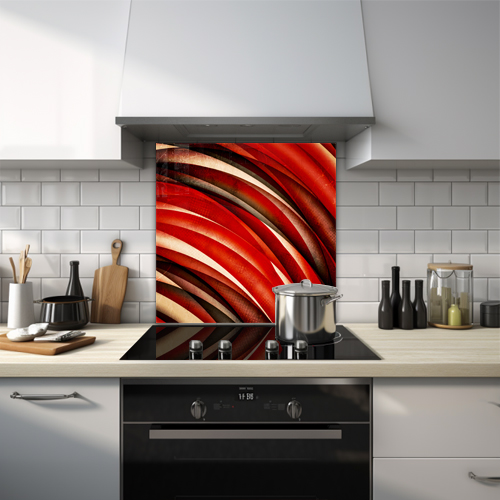 Red wave pattern glass splashback.