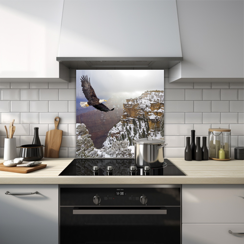 Glass splashback depicting an eagle flying against a winter mountain landscape.