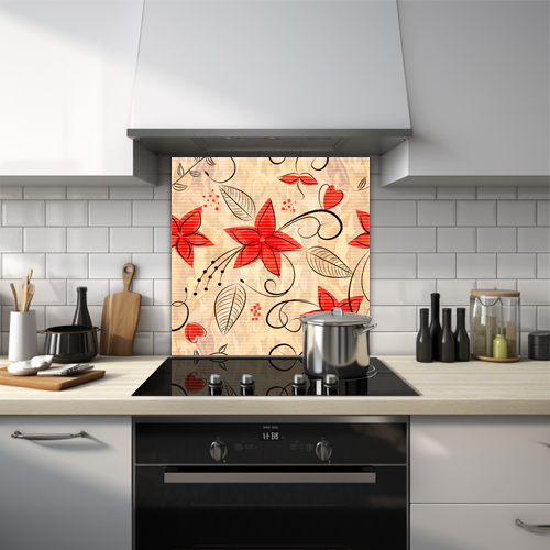Red star pattern with leaves and love hearts glass splashback.