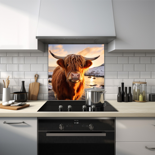 A highland cow looking into the camera, sun is glaring on his face on the one side. The splashback print also has snow and a lake in the background