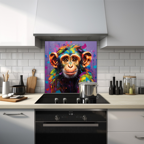 Cute pink female monkey smiling on a purple background printed glass kitchen splashback.

