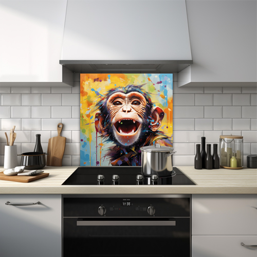 A painted laughing monkey on a printed glass kitchen splashback.


