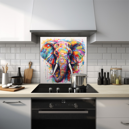 Multicoloured painted elephant on a printed glass kitchen splashback, exuding elegance and vibrancy.

