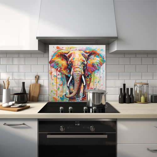 Colourful painting of a tranquil elephant with tusks on a printed glass kitchen splashback.

