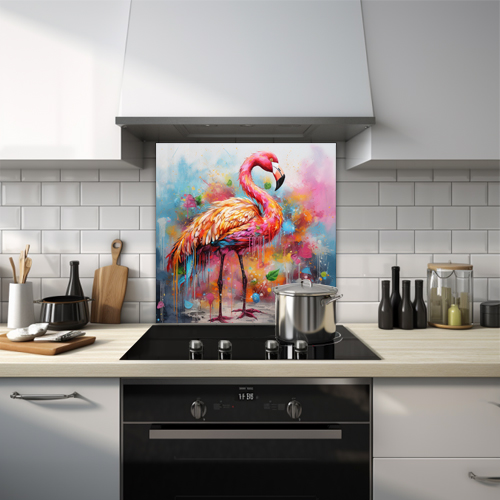 Flamingo standing on a vibrant colour splash background on a printed glass kitchen splashback.

