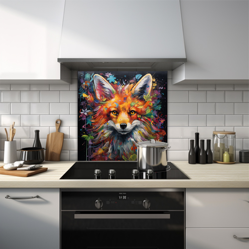 Cute female fox with flowers on a dark background printed glass kitchen splashback, rich in colour.

