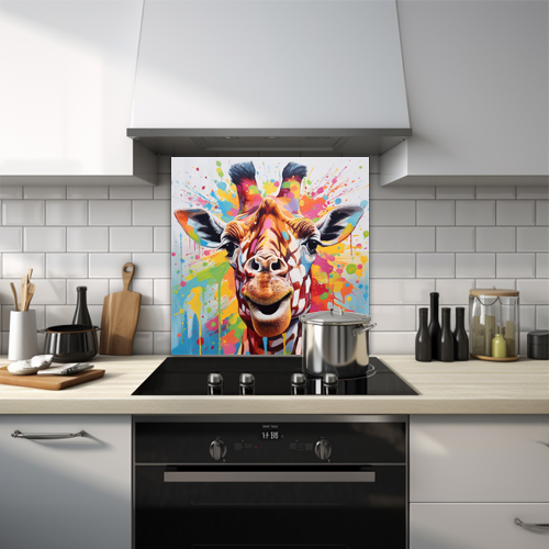 Cute giraffe on a white background with splashes of paint on a printed glass kitchen splashback.