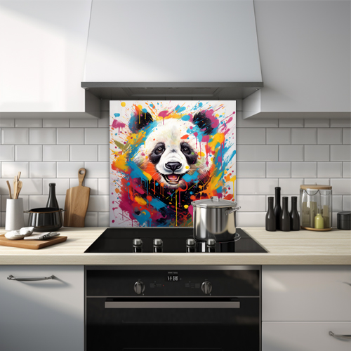 Smiling panda with playful splashes of paint on a white background printed glass kitchen splashback.