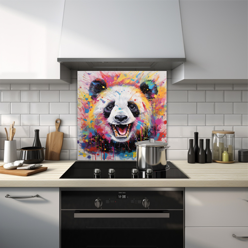Panda with a colourful art splash on a printed glass kitchen splashback.