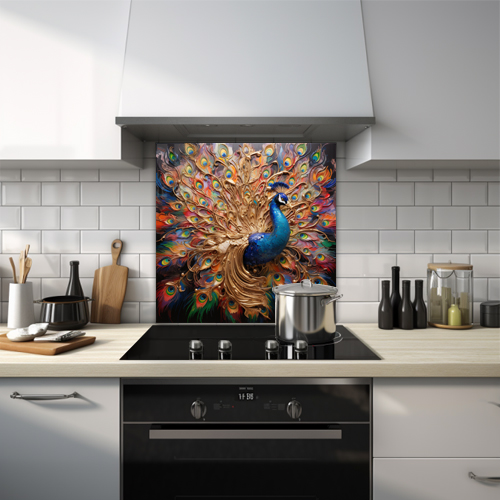 Regal looking peacock with wonderfully coloured feathers on a printed glass kitchen splashback.