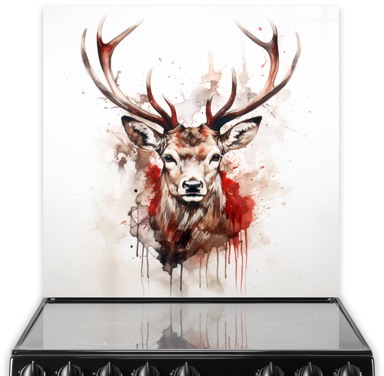 Harper the Stag with a fiery red aura printed glass splashback