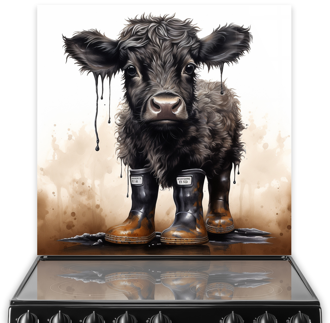 A black cow calf wearing wellies on a brown background