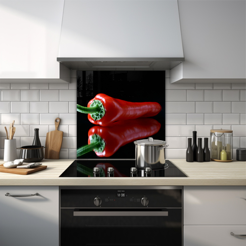 Glass splashback of a close-up red chilli with reflection.