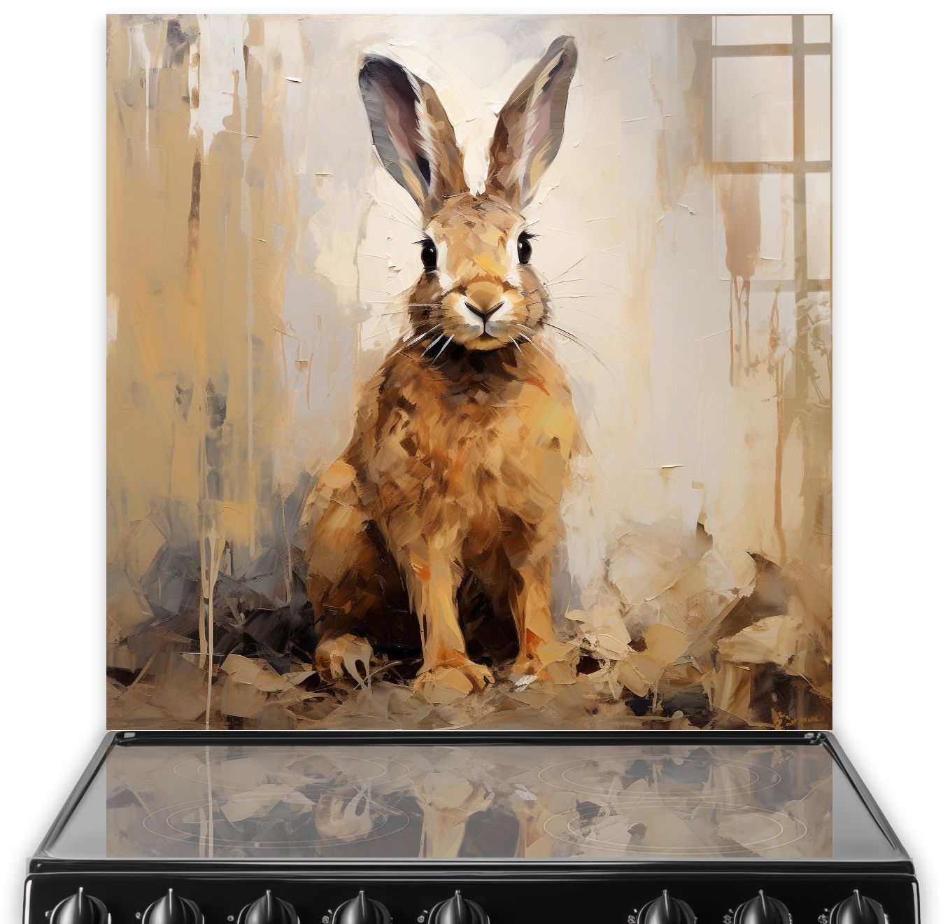 Elegant Honey the Hare kitchen splashback artwork, featuring warm golden tones and a nuanced, impressionistic style against a creamy, abstract backgro
