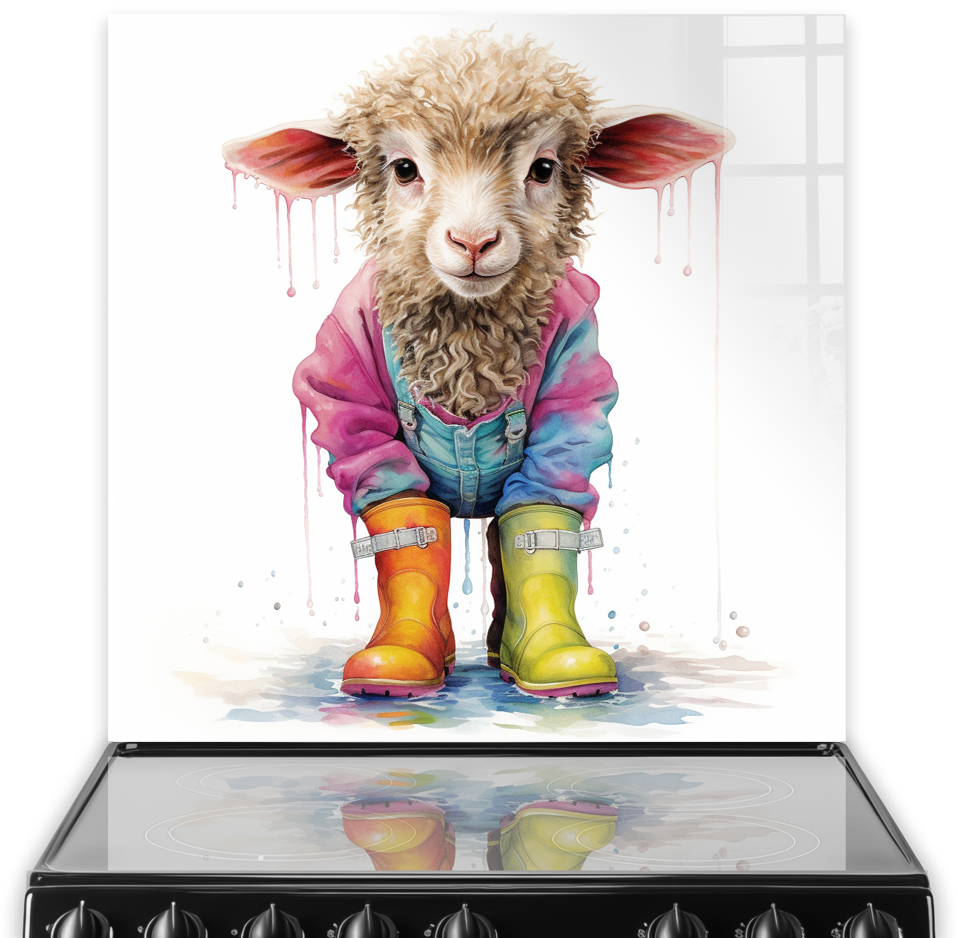 Blossom the lamb in colourful clothing printed kitchen splashback