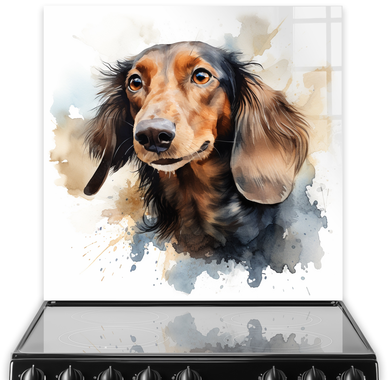 Coco the cute long-haired Dachshund on printed kitchen splashback featuring warm and cool watercolor splashes