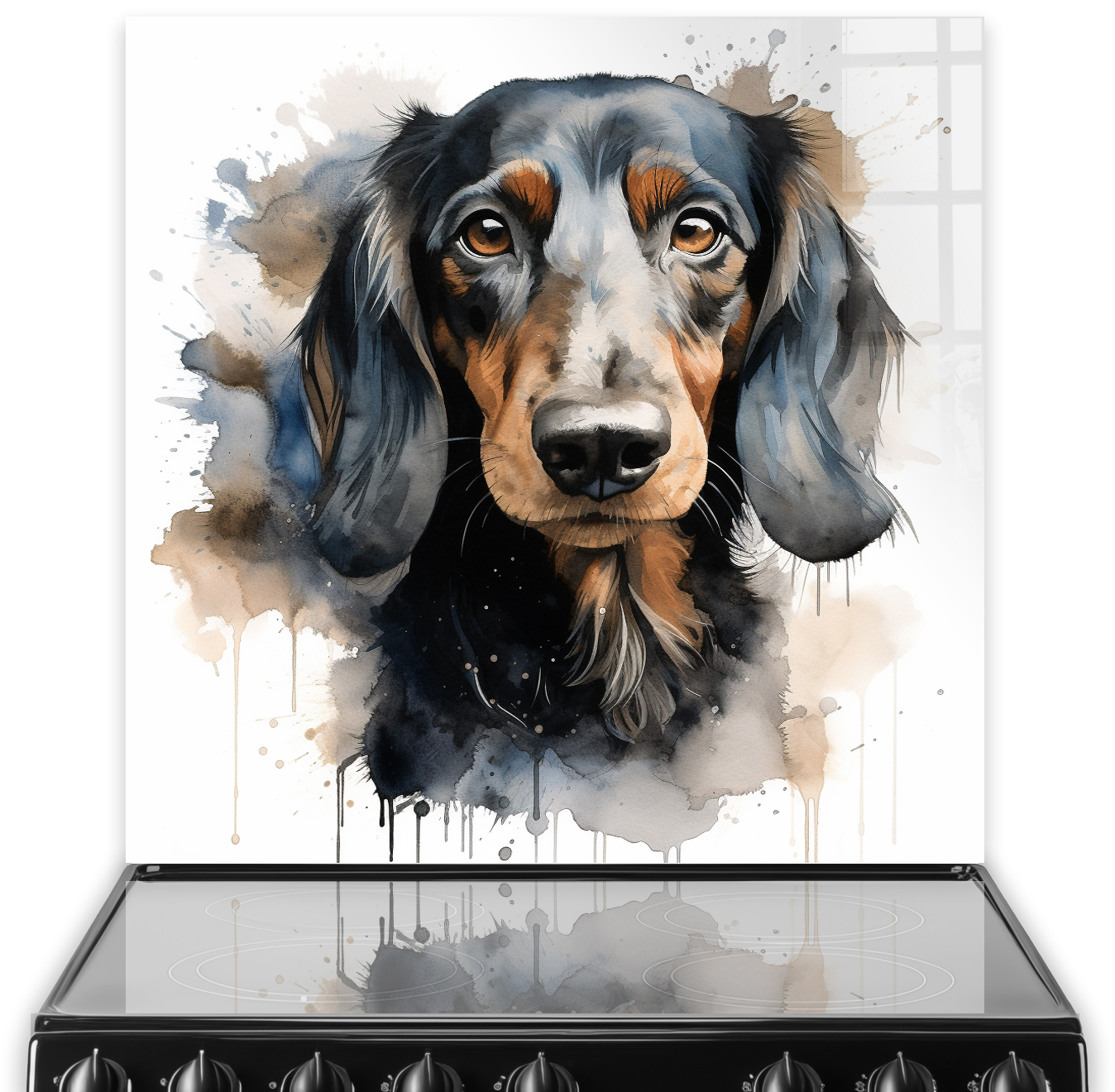 Watercolour-style printed Dachshund kitchen splashback art with earthy and grey tones