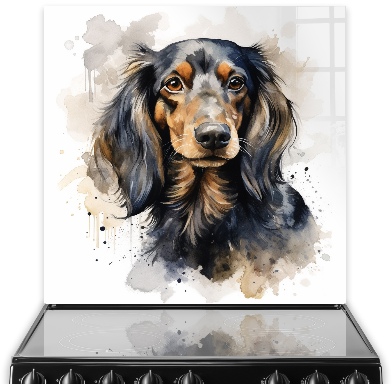 Long-haired Dachshund printed kitchen splashback in warm colours with watercolour effect