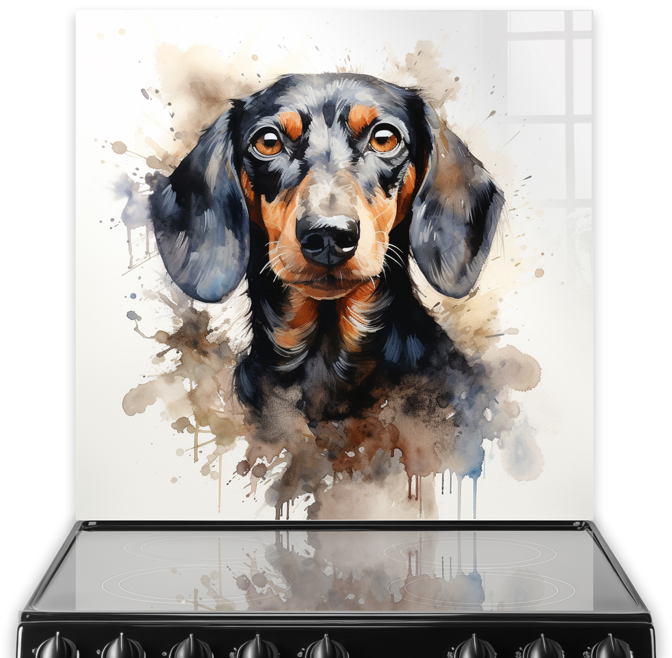 A printed Dachshund splashback with watercolour style in a kitchen