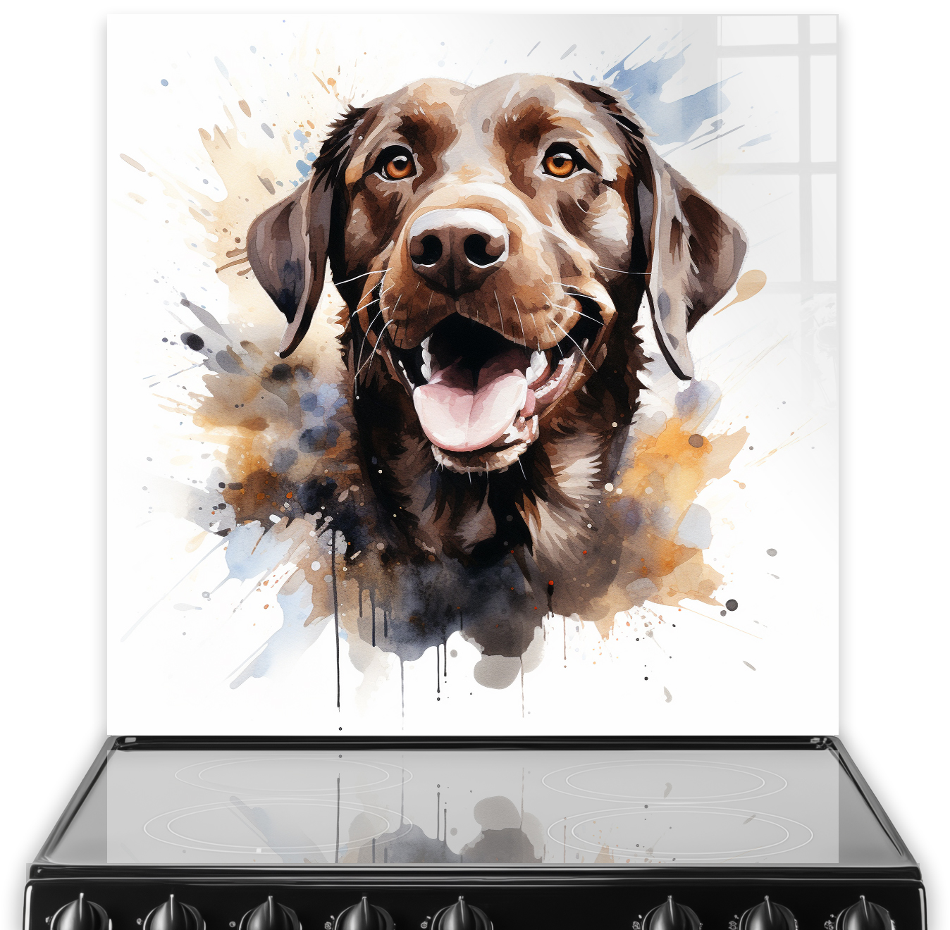Printed Chocolate Labrador kitchen splashback art with warm brown and amber colours