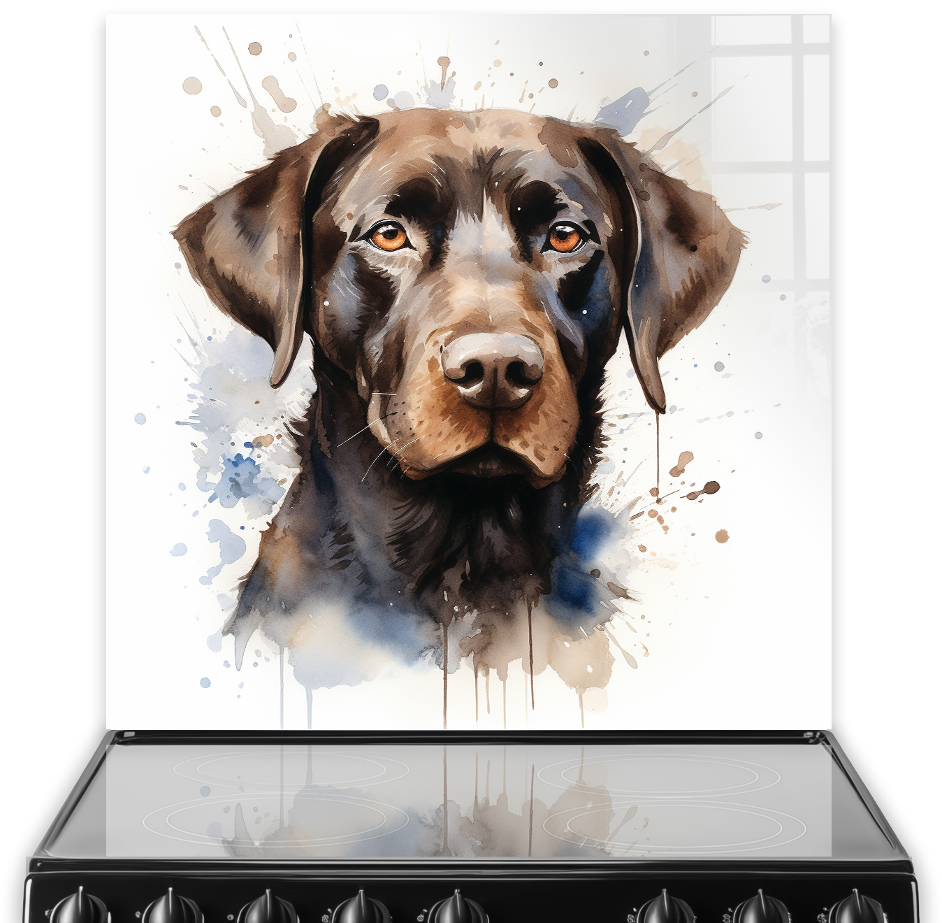 Artistic Chocolate Labrador printed glass splashback with colour splashes in brown and blue hues