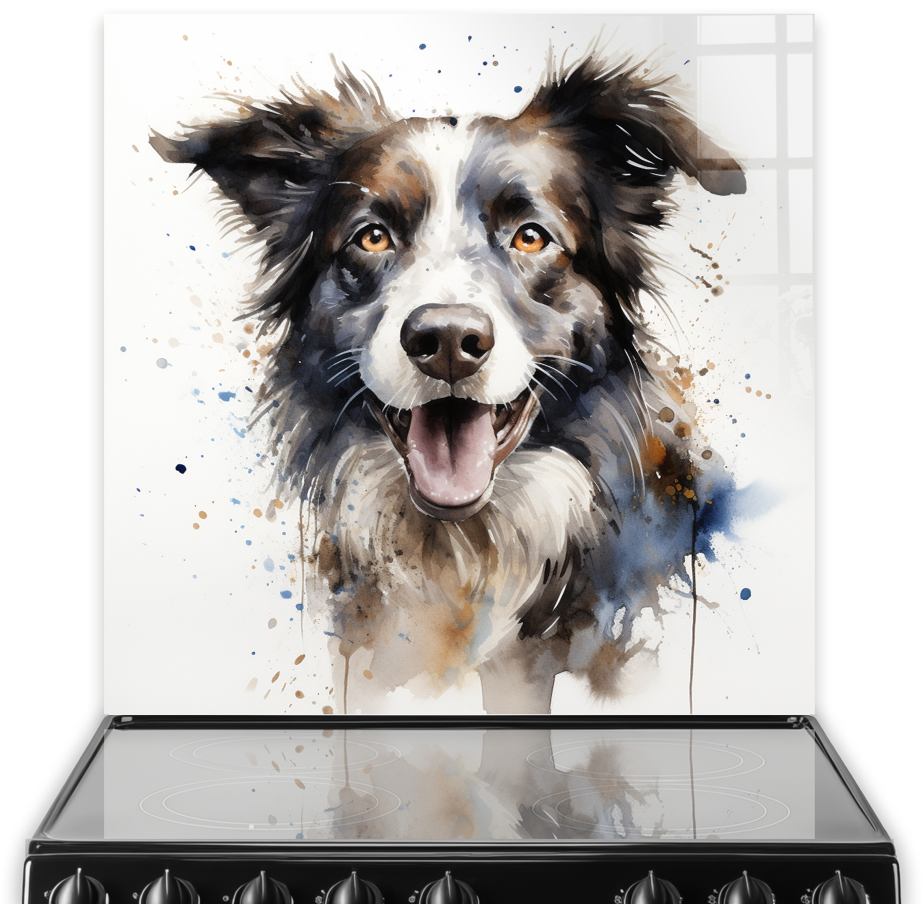 Colourful Border Collie dog art on kitchen splashback