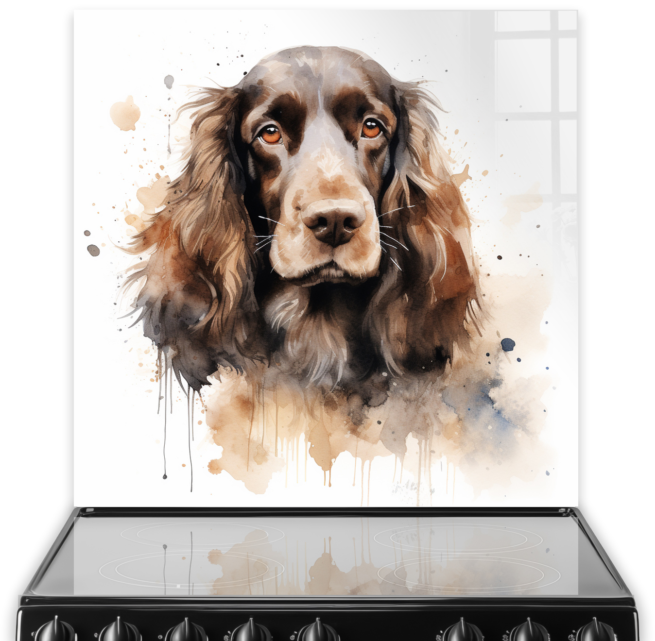 Watercolour Spaniel dog printed kitchen splashback in warm tones against a clean kitchen backdrop