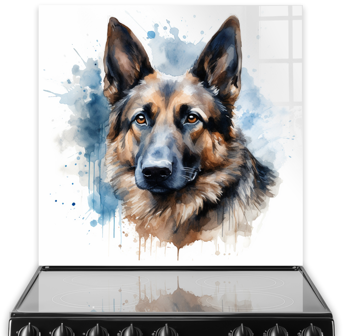 Artistically painted German Shepherd in blues and browns on kitchen splashback