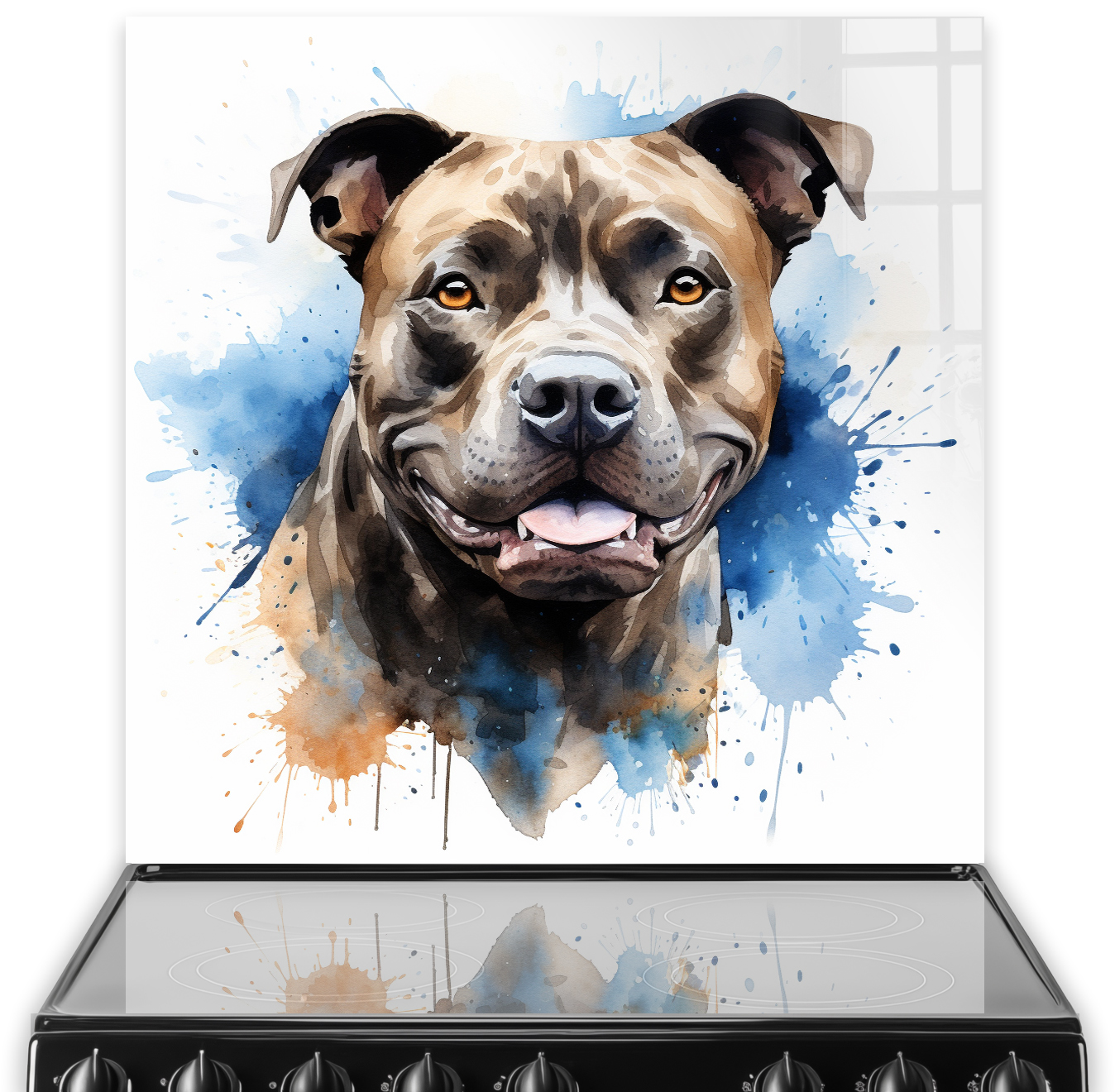 Staffordshire Bull Terrier watercolour art kitchen splashback with blue and sienna accents