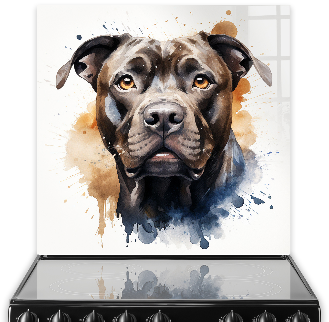 Artistic printed mastiff dog splashback in a kitchen setting, with a blend of brown, white, and blue watercolour tones.