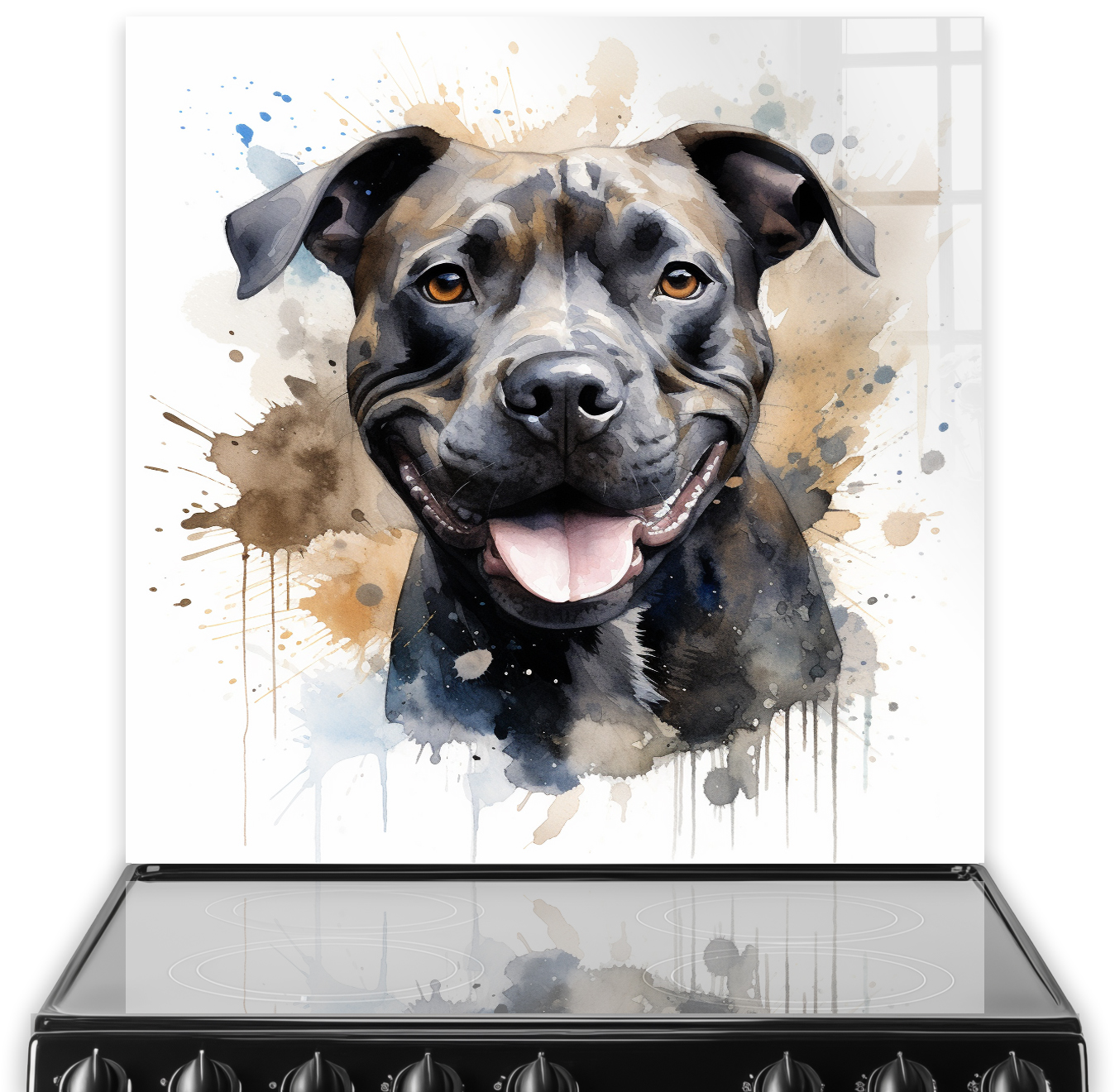Olive, a smiling Staffordshire Bull Terrier printed on a kitchen splashback, with abstract colour splashes