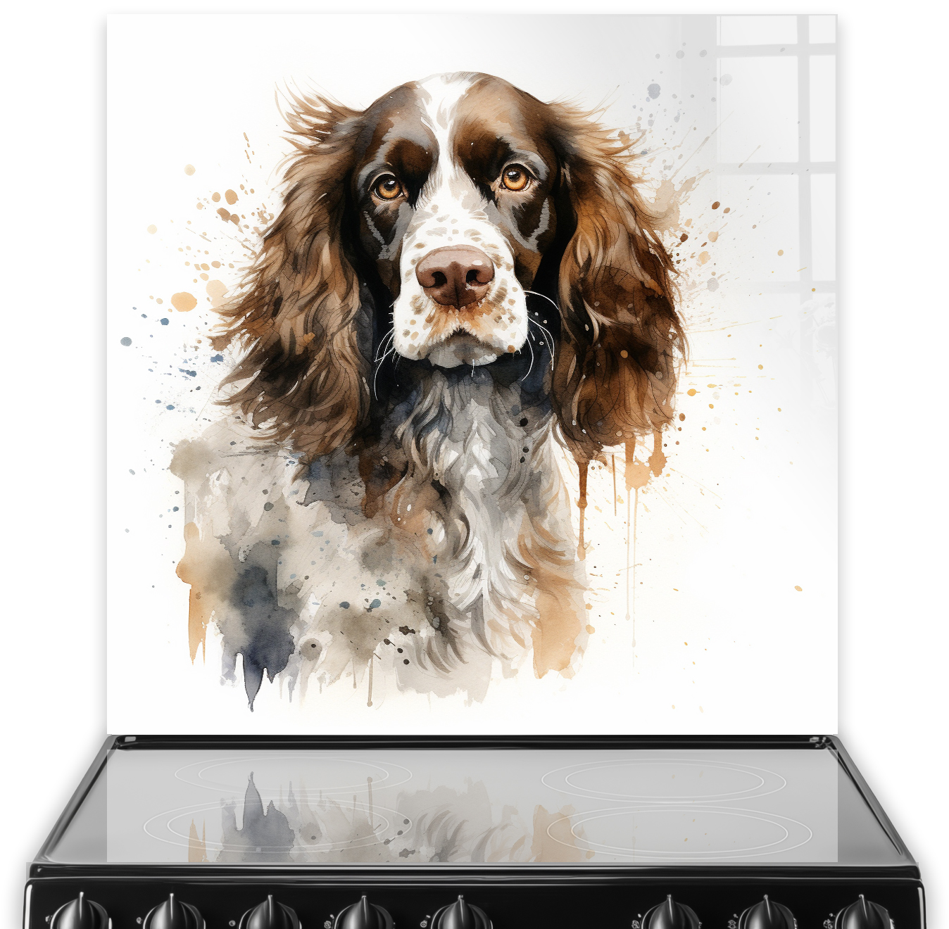 Watercolour painted Cocker Spaniel on a kitchen splashback in beige, brown, and grey tones