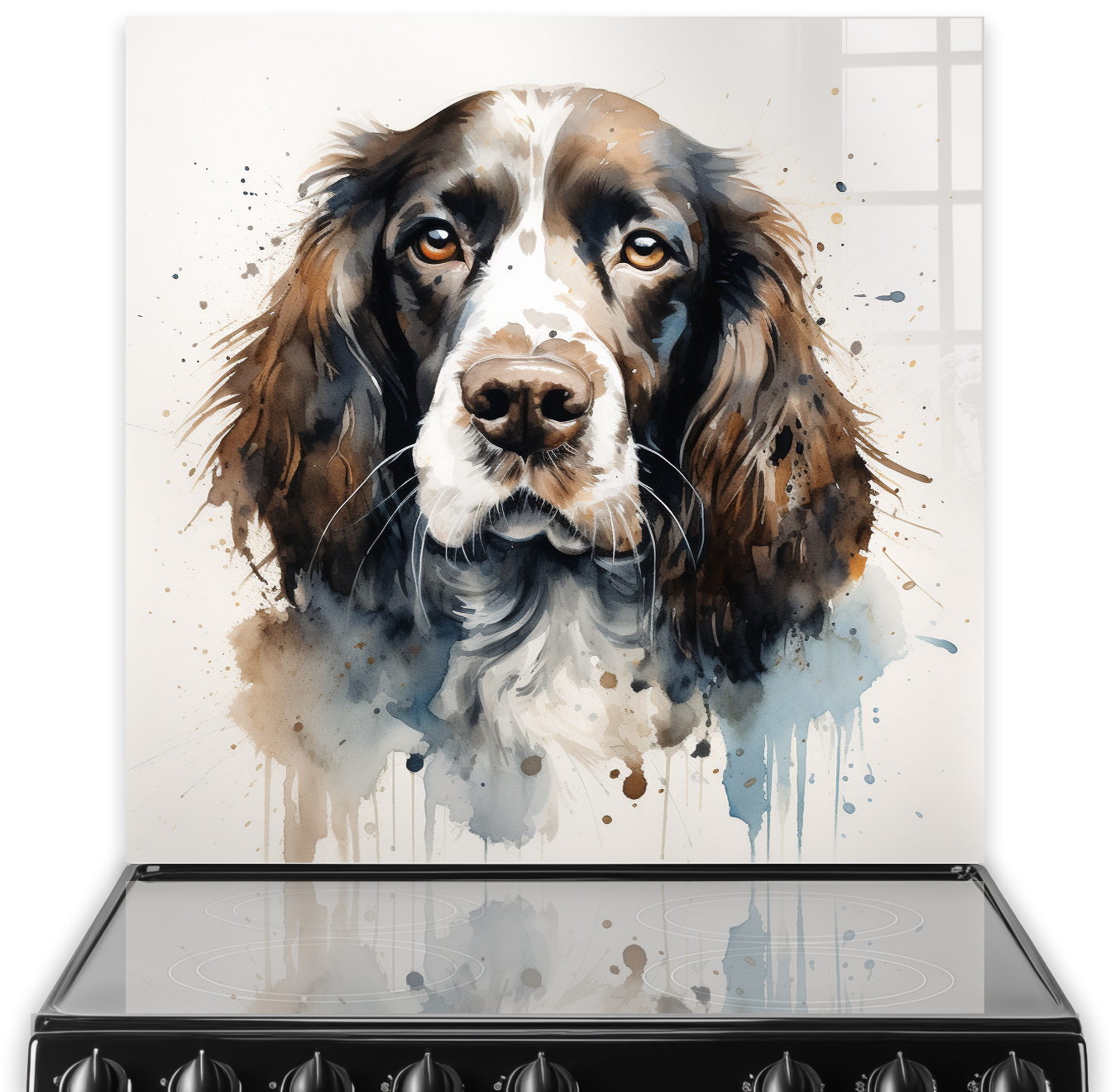 Printed Spaniel dog kitchen splashback with abstract watercolour design in brown and blue tones