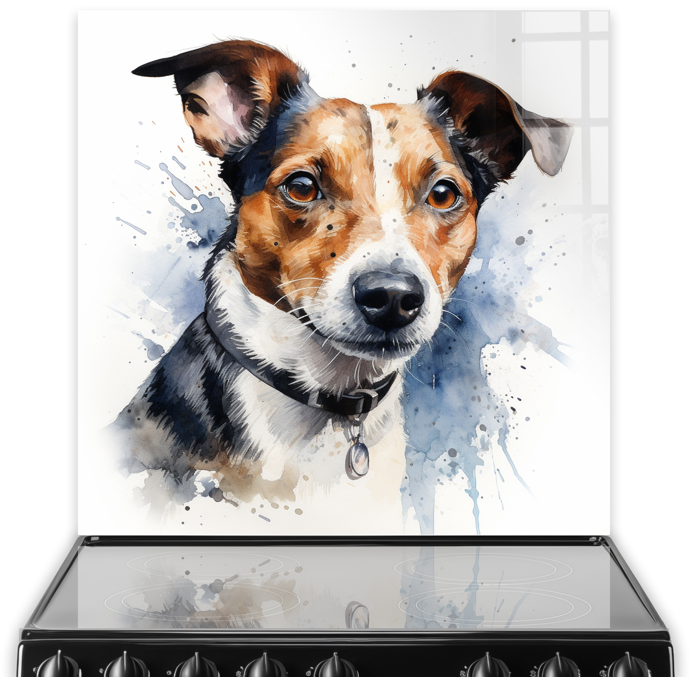 Jack Russell Terrier painted on a kitchen splashback with blue and brown watercolour splashes
